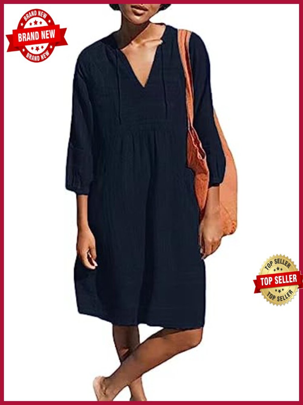 Women's V-Neck Cotton Casual Loose Shift Tunic Smock Dress 3/4 Sleeve Pocket